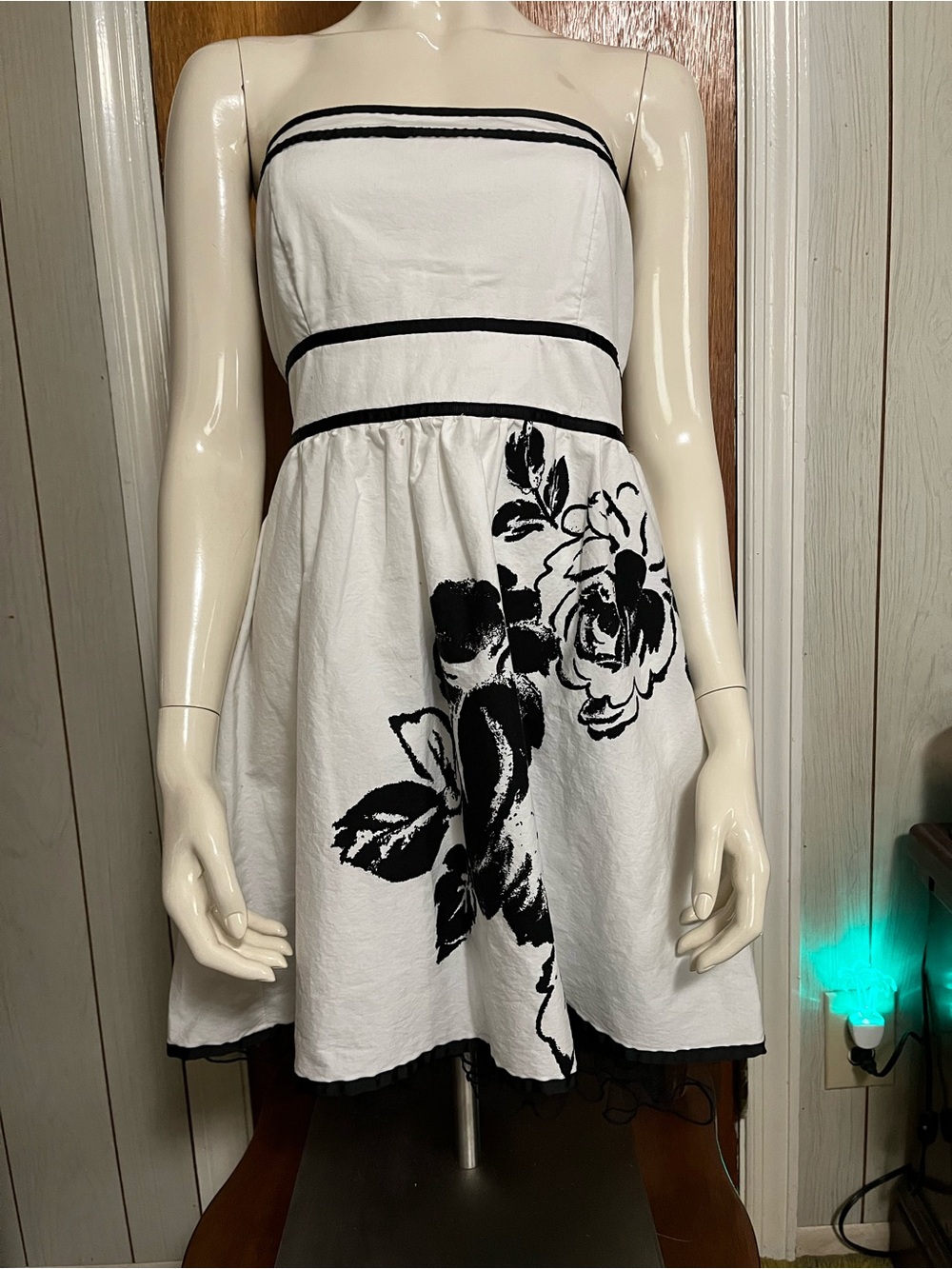 Strapless White & Black Floral Dress